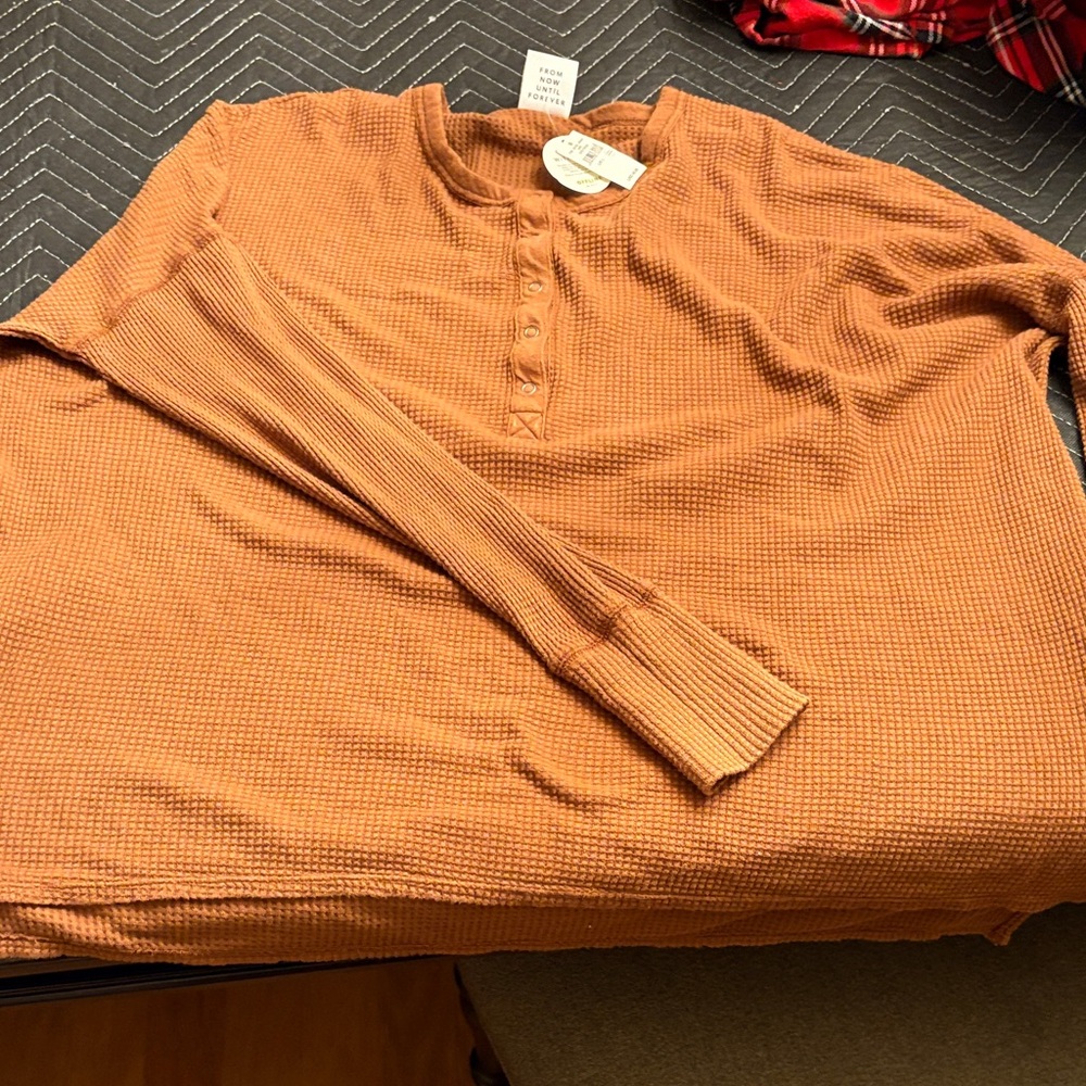 Rusty Orange/Brown Waffle Knit Henley Shirt